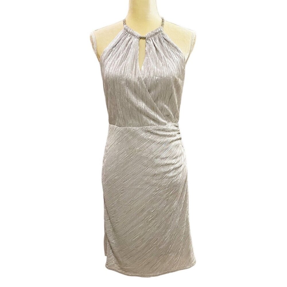 Vintage Laundry By Shelli Segal Silver Sleeveless Ruched Halter Dress Size 6